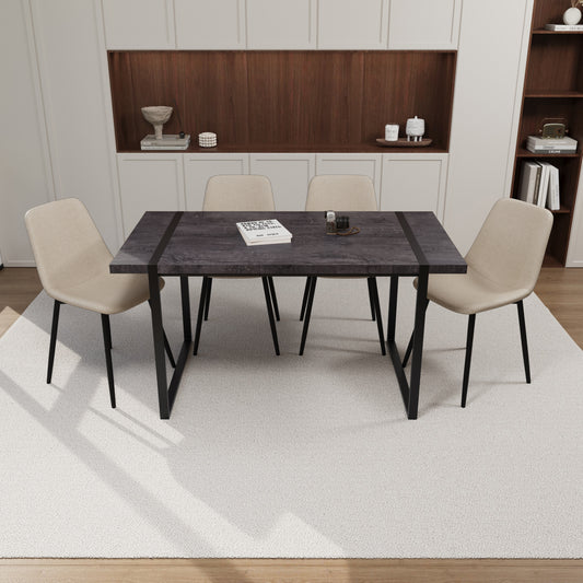 59' MDF black wooden dining table and modern dining chair 4-piece set, medieval wooden kitchen dining table set, rectangular metal base, dining table and suede chair