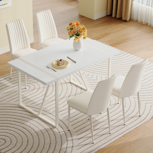 55'x31.5'Cream-Style White MDF Dining Table Set with 4 Armless Chairs.The backrest of the dining chair is designed with multiple vertical stripes.Adding a warm atmosphere to your family.