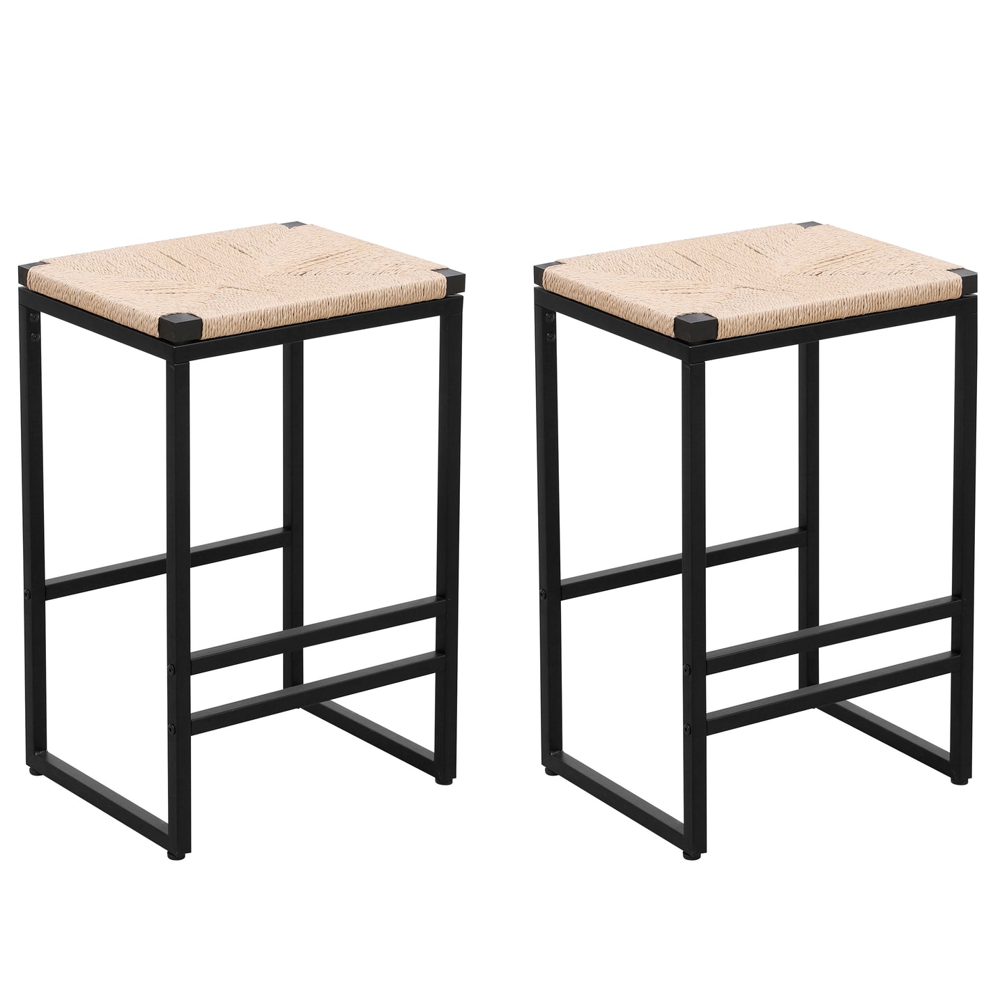Boho Style Backless Bar Stools Set of 2 with Paper Rope Woven Seat & Metal Frame for Kitchen Counter