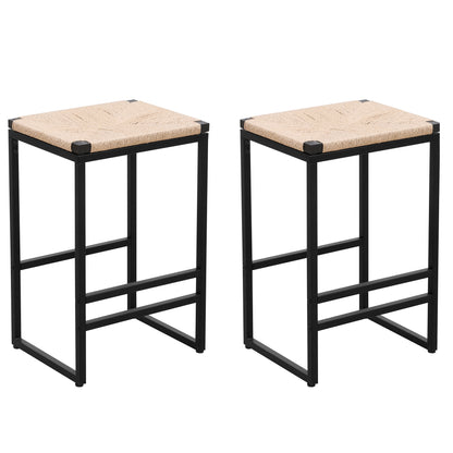 Boho Style Backless Bar Stools Set of 2 with Paper Rope Woven Seat & Metal Frame for Kitchen Counter