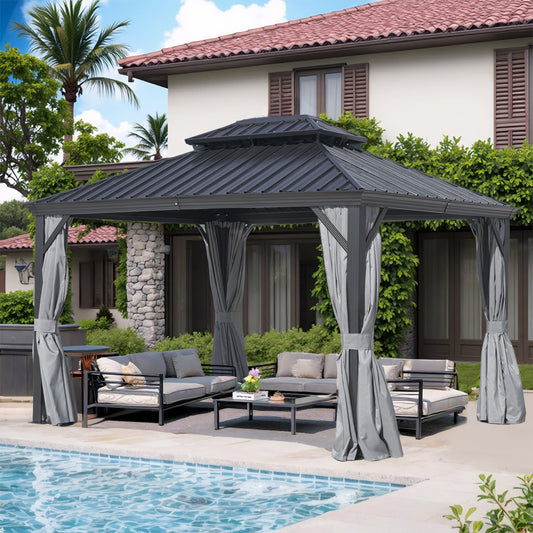 12' X 16' Hardtop Gazebo with Galvanized Steel Double Roof, Sturdy Aluminum Frame, Curtains, and Netting for Patio, Lawn, and Garden