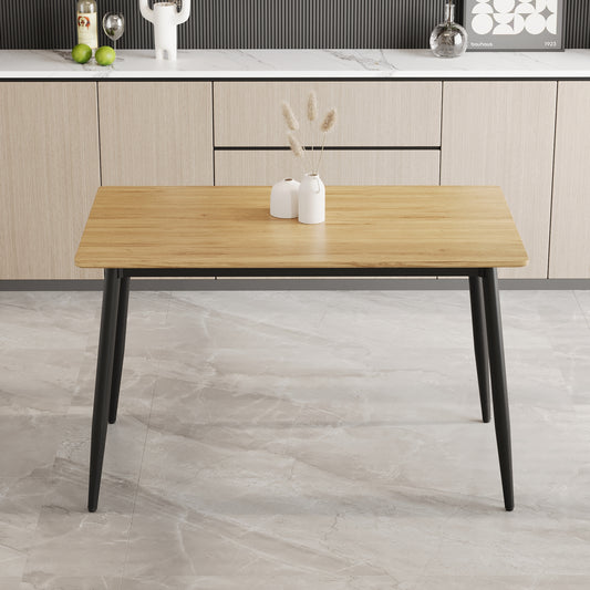 Modern minimalist MDF grain tabletop dining table, stylish dining table, kitchen dining table, sturdy and durable, easy to assemble, black metal leg design, suitable for 4-6 people, suitable for home