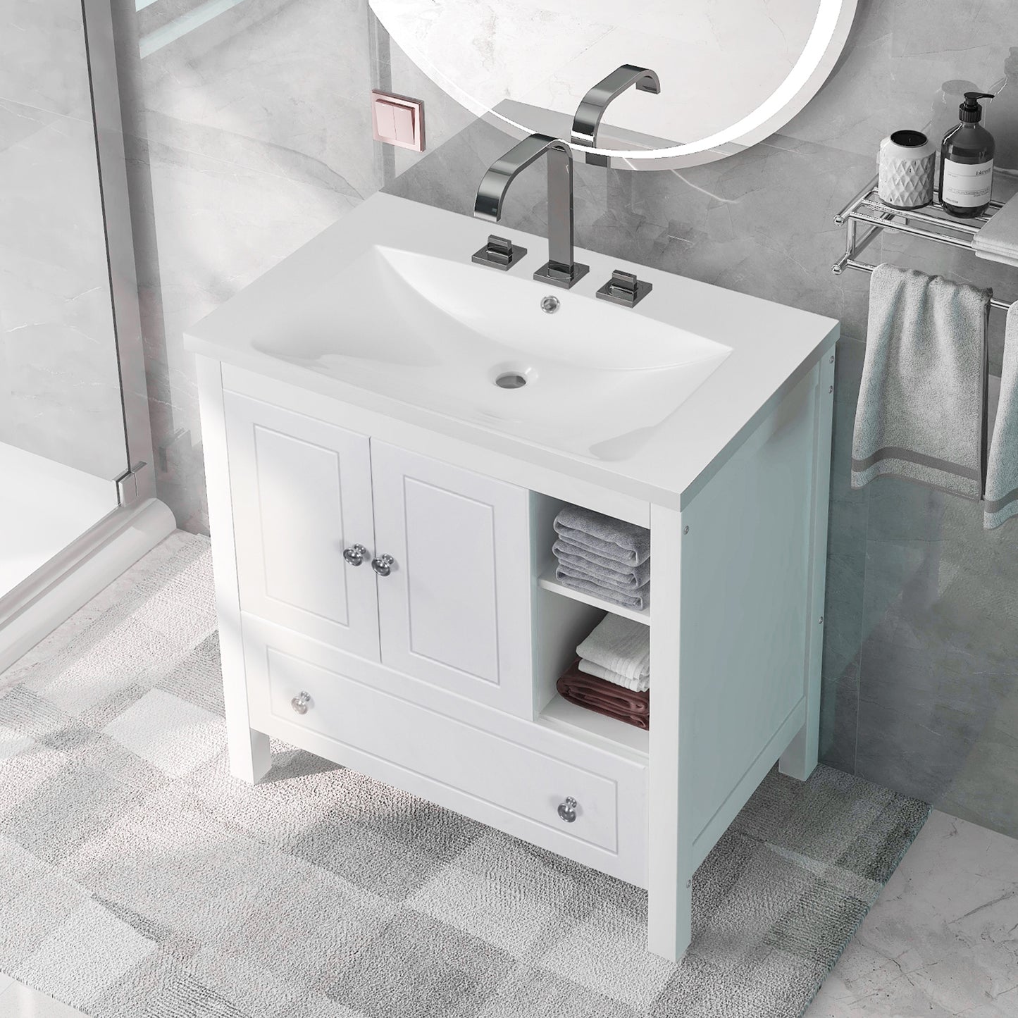 [VIDEO] 30' Bathroom Vanity with Sink, Bathroom Storage Cabinet with Doors and Drawers, Solid Wood Frame, Ceramic Sink, White (Old Sku:JL000002AAK)