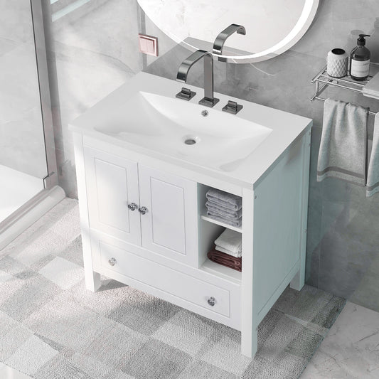 [VIDEO] 30' Bathroom Vanity with Sink, Bathroom Storage Cabinet with Doors and Drawers, Solid Wood Frame, Ceramic Sink, White (Old Sku:JL000002AAK)