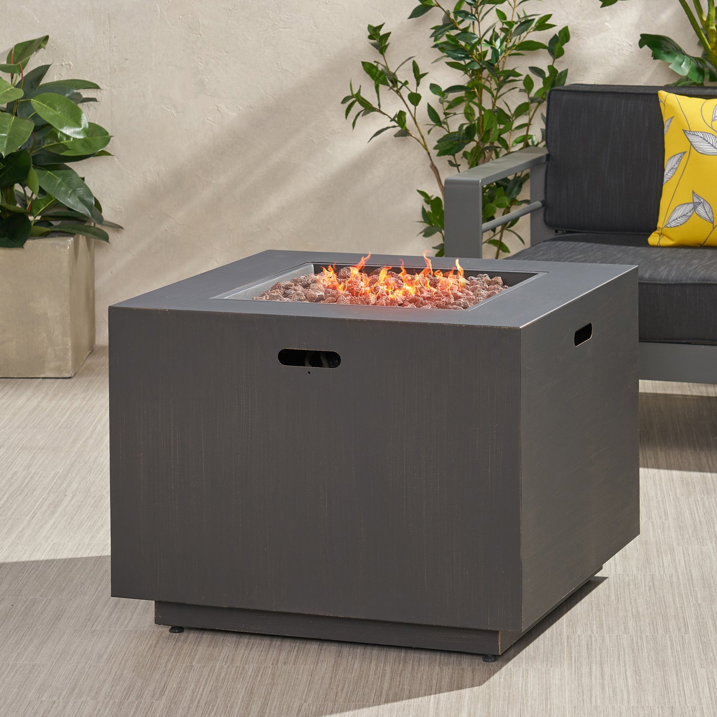33' Outdoor Iron Square Propane Fire Pit, Tank Inside, Brushed Brown - 50,000 BTU