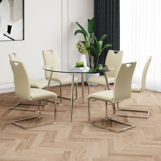 Modern simple round glass table, wear-resistant tempered glass countertop, electroplated table legs, light yellow PU dining chair set, suitable for restaurant kitchen use (set of 7)