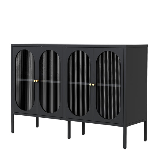 Metal Sideboard Cabinet with 4 Glass Door, Steel Locker Sideboard Buffet Cabinet, Sideboard Buffet Cabinet with 4 Doors, Kitchen Storage Cabinet, Coffee Bar Cabinet for Kitchen, Living Room, Black