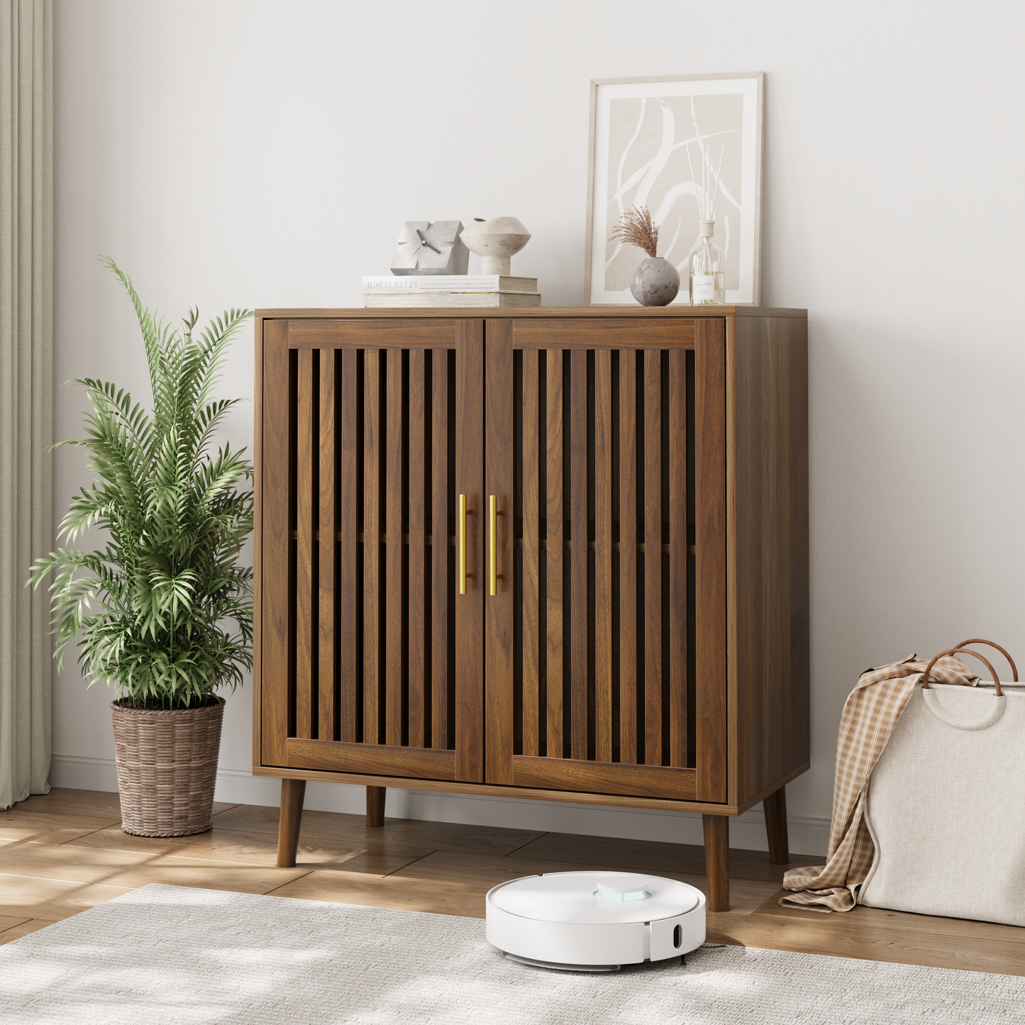Sideboard Buffet Cabinet with Storage,  Farmhouse Buffet Cabinet with Louvered Doors, Wood Coffee Bar Storage Cabinet for Kitchen, Dining Room, Living Room, Entryway, Walnut,31.5' W