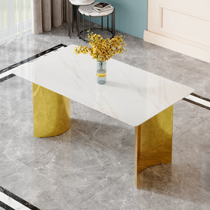 Modern minimalist dining table. White imitation marble glass sticker tabletop, golden table legs, stable and beautiful. Suitable for living room and dining room 63' *35.4' *30 DT-69
