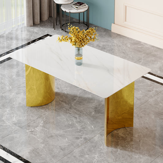 Modern minimalist dining table. White imitation marble glass sticker tabletop, golden table legs, stable and beautiful. Suitable for living room and dining room 63' *35.4' *30 DT-69