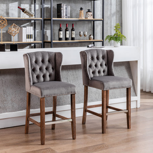 A&A Furniture,Counter Height Bar Stools, Upholstered 27' Seat Height Barstools, Wingback Breakfast Chairs with Nailhead-Trim & Tufted Back, Wood Legs, Set of 2(Grey)