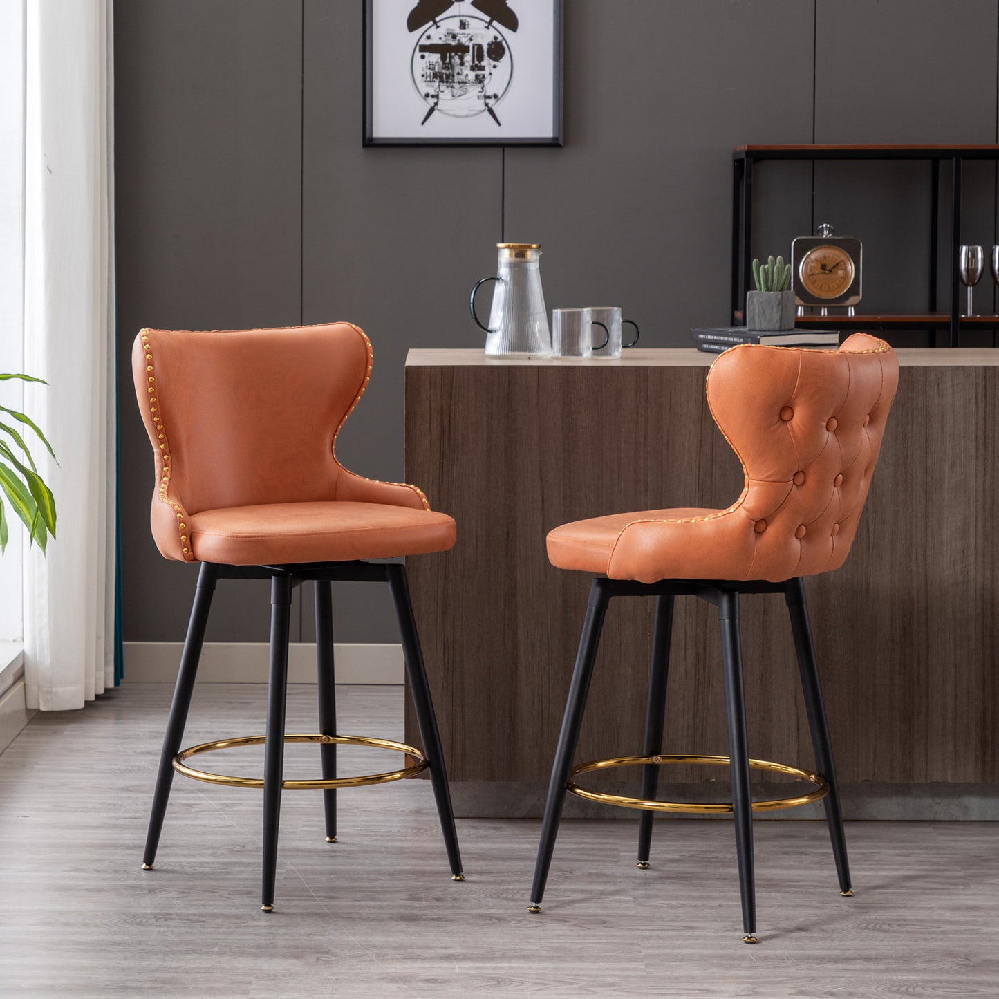A&A Furniture,Counter Height 25' Modern Leathaire Fabric bar chairs,180° Swivel Bar Stool Chair for Kitchen,Tufted Gold Nailhead Trim Bar Stools with Metal Legs,Set of 2 (Orange)