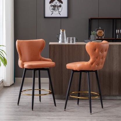 A&A Furniture,Counter Height 25' Modern Leathaire Fabric bar chairs,180° Swivel Bar Stool Chair for Kitchen,Tufted Gold Nailhead Trim Bar Stools with Metal Legs,Set of 2 (Orange)