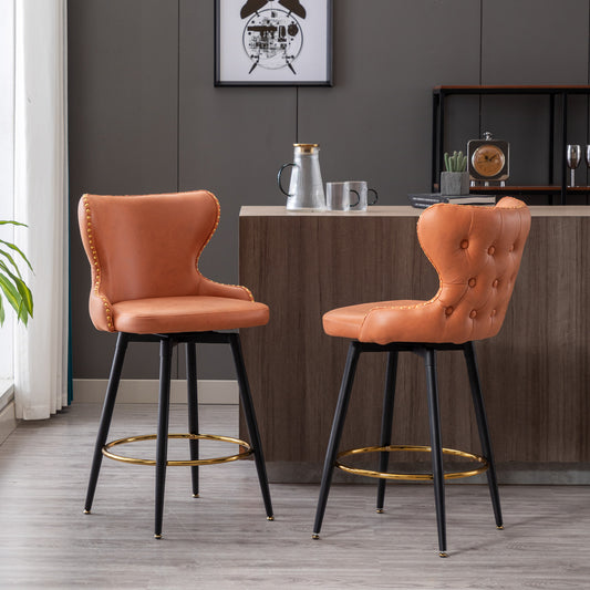 A&A Furniture,Counter Height 25' Modern Leathaire Fabric bar chairs,180° Swivel Bar Stool Chair for Kitchen,Tufted Gold Nailhead Trim Bar Stools with Metal Legs,Set of 2 (Orange)