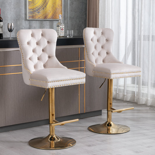 A&A Furniture,Thick Golden Swivel Velvet Barstools Adjusatble Seat Height from 27-35 Inch, Modern Upholstered Bar Stools with Backs Comfortable Tufted for Home Pub and Kitchen Island (Beige,Set of 2)