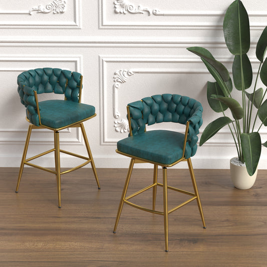 26' Bar Chair Suede Woven Bar Stool Set of 2,Golden legs Barstools No Adjustable Kitchen Island Chairs,360 Swivel Bar Stools Upholstered Bar Chair Counter Stool Arm Chairs with Back Footrest (Blue)