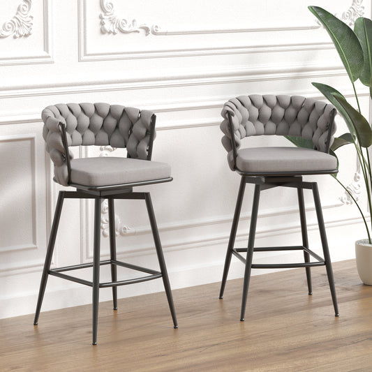 28' Bar Chair Linen Woven Bar Stool Set of 2,Black legs Barstools No Adjustable Kitchen Island Chairs,360 Swivel Bar Stools Upholstered Bar Chair Counter Stool Arm Chairs with Back Footrest (Grey)