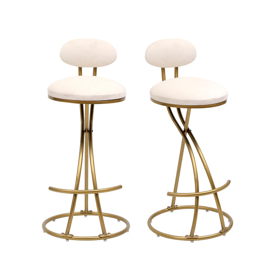 Round Bar Stool Armless Velvet Barstools with Back Set of 2, Gold & Creamy White