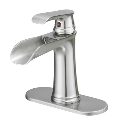 Sink Faucet With Deck Plate Waterfall Brushsed with Pop Up Drain and Supply Lines Bathroom faucets for Sink 1 Hole One Handle Faucets Vanity Bath Mixer Tap