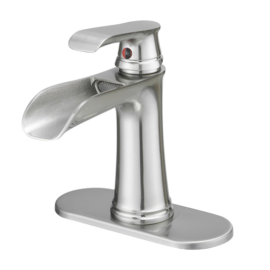 Sink Faucet With Deck Plate Waterfall Brushsed with Pop Up Drain and Supply Lines Bathroom faucets for Sink 1 Hole One Handle Faucets Vanity Bath Mixer Tap