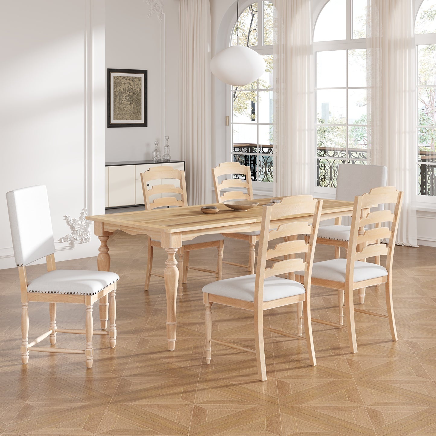 TOPMAX Vintage Traditional 7-Piece 82.7inch Extendable Dining Table Set with 23.6inch Removable Leaf, 4 Serrated Back Chairs and 2 Upholstered Back Dining Chairs for 6, Natural