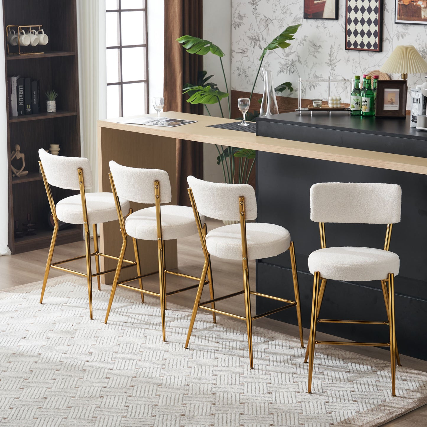 Set of 2 modern teddy fabric upholstered bar stools - Metal base high stool - Suitable for kitchen, dining and living room - Beige - Stylish and comfortable island seating