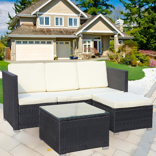 Outdoor Garden Patio Furniture 5-Piece PE Rattan Wicker Cushioned Sofa Sets and Coffee Table, patio furniture set;outdoor couch ( Beige Cushion)