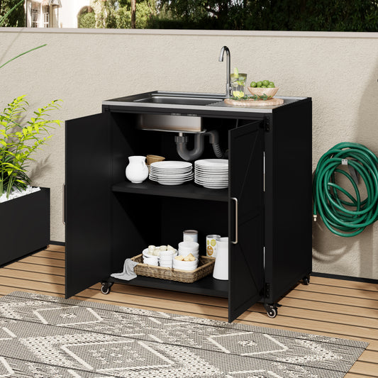 Outdoor Movable Kitchen Sink Patio Modular Kitchen Sink Station with Cabinet for Garden, Patio, Backyard, Matte Black