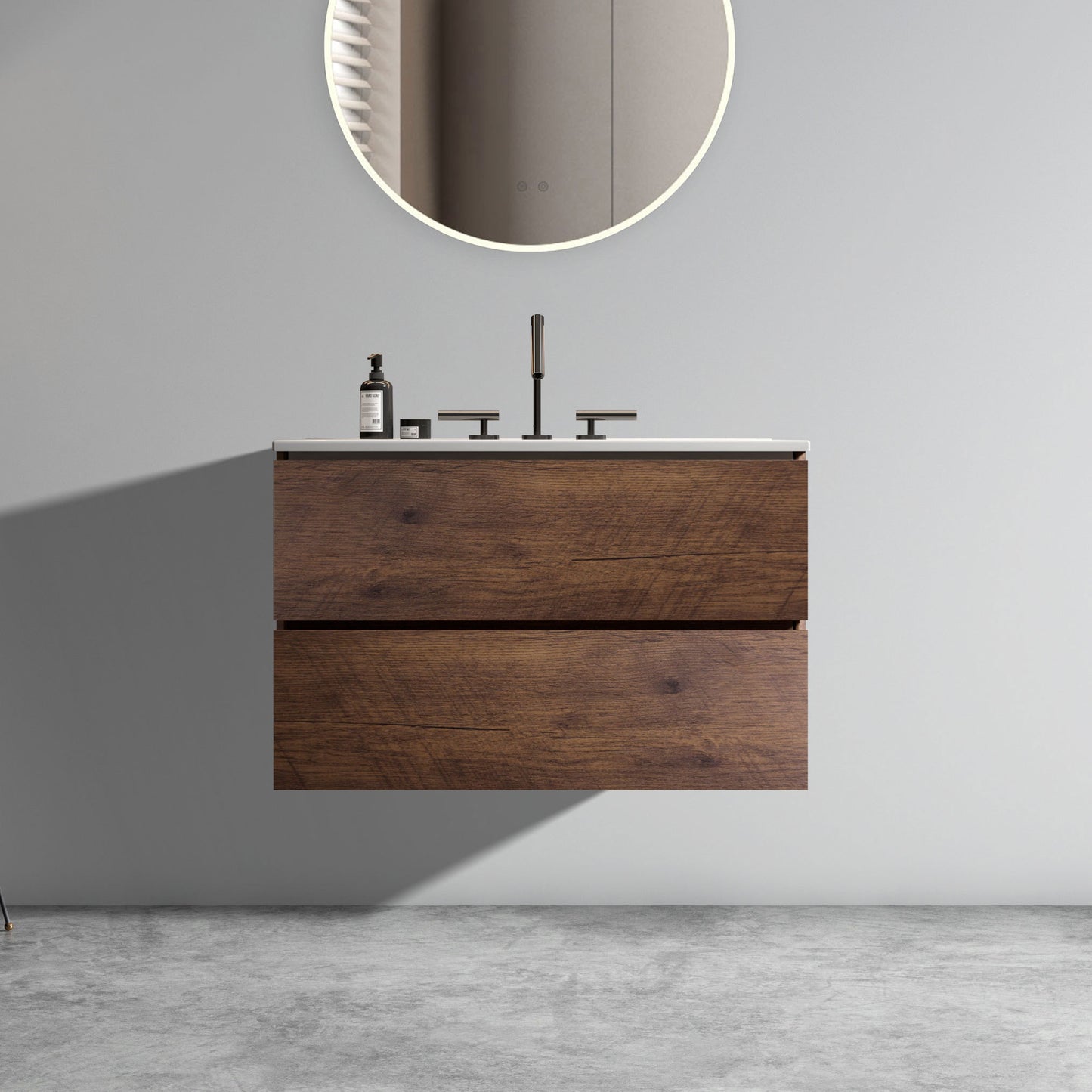 Wall Mount 30' Walnut Bathroom Vanity with Ceramic Sink with three faucet holes, Large Storage Floating Bathroom Vanity for Modern Bathroom, One-Piece Sink Basin without Drain, Pre-assembled