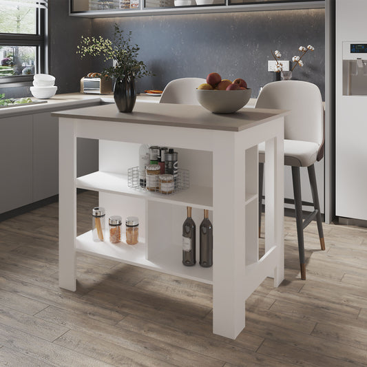 Aztec Kitchen Island in Melamine with Open Storage, Taupe/white