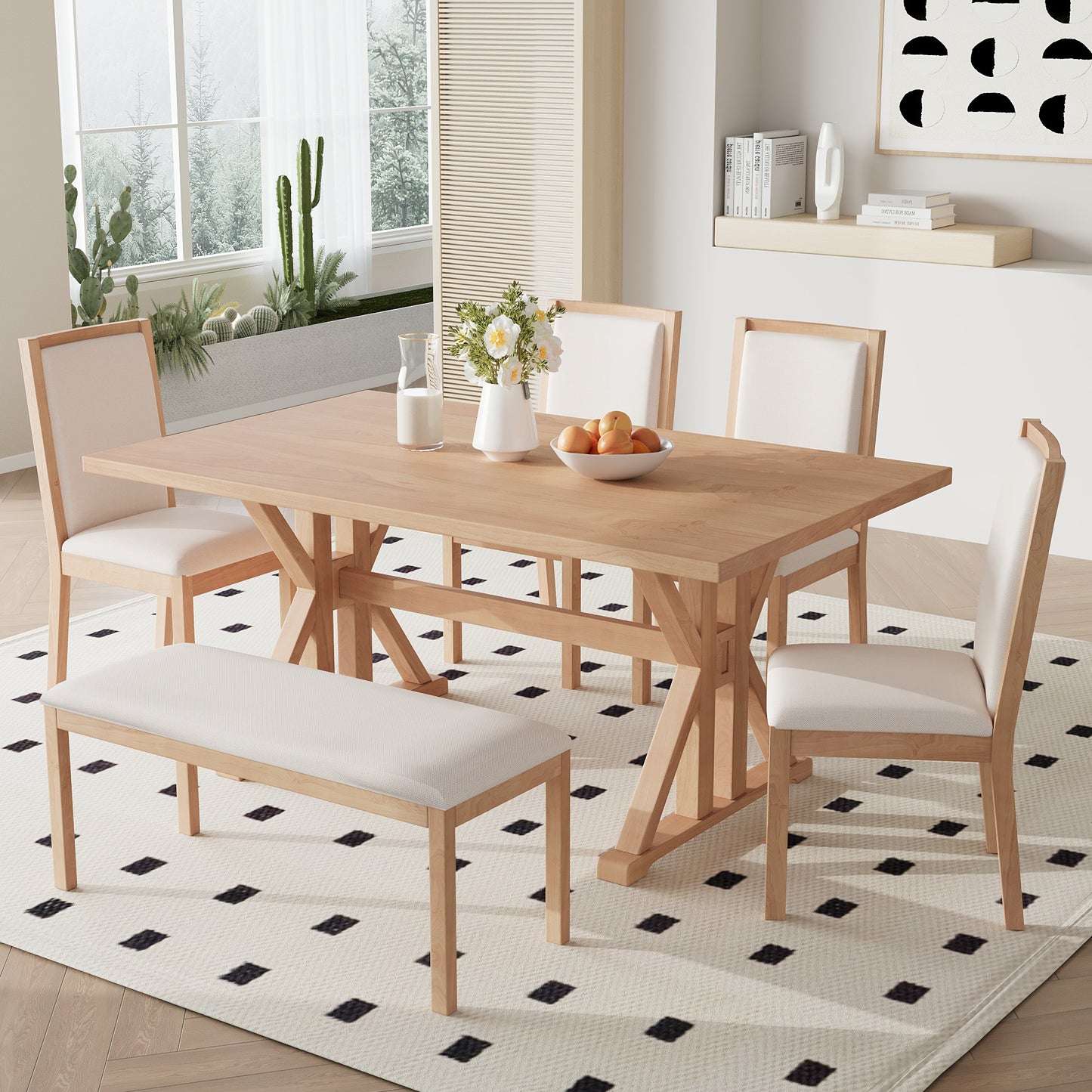 TOPMAX Farmhouse Classical 6-Piece Dining Table Set with Trestle Legs,Kitchen Table Set for 6 with 4 Upholstered Dining Chairs and Bench, Natural
