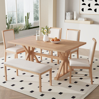 TOPMAX Farmhouse Classical 6-Piece Dining Table Set with Trestle Legs,Kitchen Table Set for 6 with 4 Upholstered Dining Chairs and Bench, Natural