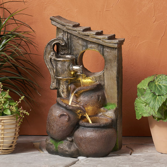 23.25' High ADRIAN 3 TIER FOUNTAIN Outdoor Weather Resistant Floor Fountain with Light, Brown + Gray