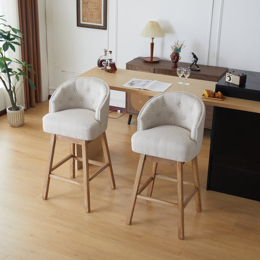 33.25' Swivel Counter Stools Set of 2, Upholstered Counter Height Bar Stools with Solid Rubber Wood Frame, Backrest, Footrest, Armless Barstools for Home Bar, Kitchen Counter, Natural + Beige