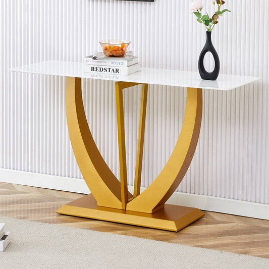 Modern and simple rectangular glass dining table in white with a pattern, 0.39 'white top and gold legs, suitable for entrance and living room.