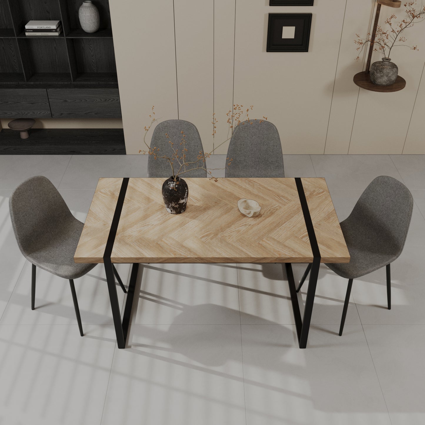 59' MDF light wood dining table and modern dining chair set of 4 pieces, medieval wooden kitchen dining table set, black rectangular metal base, dining table and suede chair set