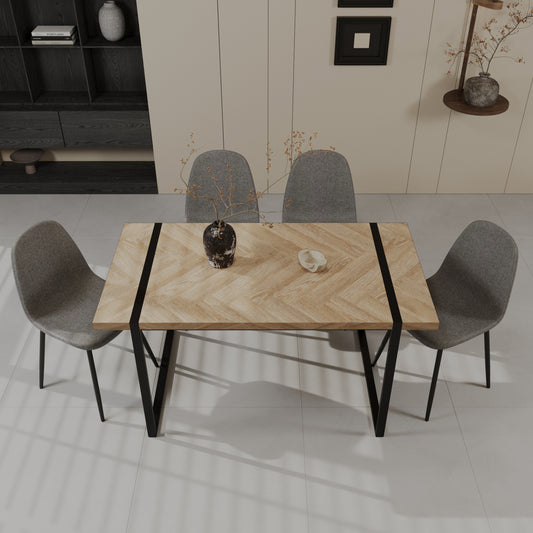 59' MDF light wood dining table and modern dining chair set of 4 pieces, medieval wooden kitchen dining table set, black rectangular metal base, dining table and suede chair set