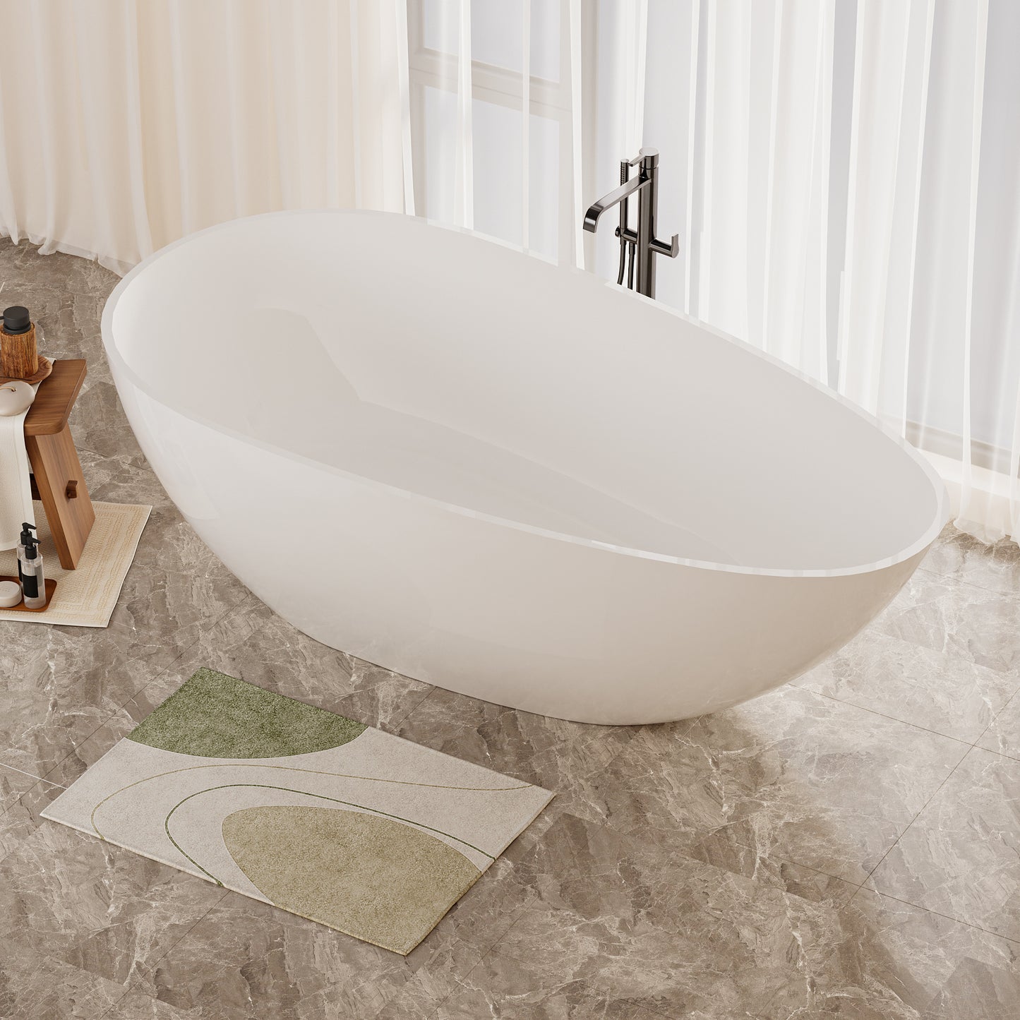 59' Freestanding Solid Surface Bathtub, Luxury Handcrafted Stone Resin Freestanding Soaking Bathtub with Overflow and Pop-up Drain, Glossy White 24S02-59GW