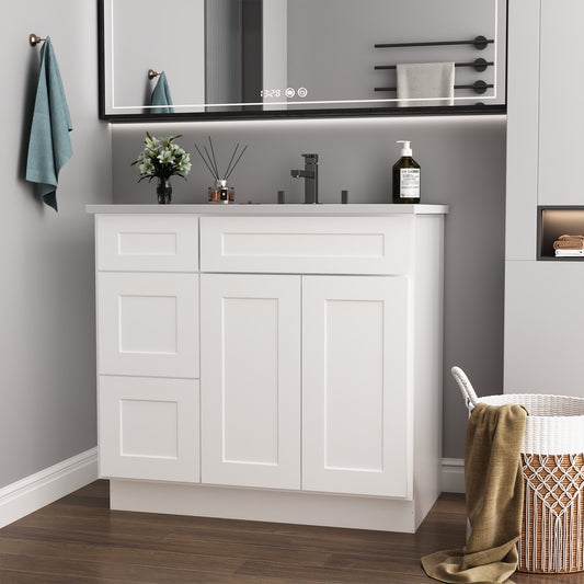 36 in. W x 21 in. D x 34.5 in. H in Shaker White Plywood Ready to Assemble Floor Vanity Sink Base Kitchen Cabinet with Left Door