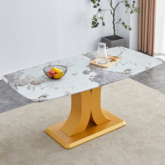 A modern minimalist dining table. Imitation marbled glass tabletop. Gold MDF table legs for kitchen and living room