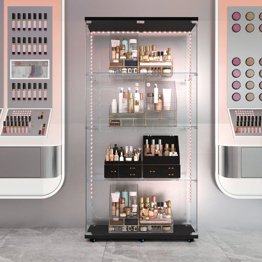 Tempered glass display cabinet, wine cabinet,storage cabinet,file cabinet,with Bluetooth LED light strip,lock on the door,equipped with cast,easy to move,for living room, bedroom,hallway,Office,black
