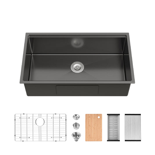 Kitchen Sink 33'x19' Multifunctional undermount Flying Rain Waterfall S304 Stainless Steel Handmade Modern Single Bowl Kitchen Sink Black
