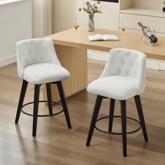 007-25' Swivel Bar Stools Set of 2-Modern Counter Height Stools with Linen Upholstery&Button Tufted Back, Solid Wood Frame Barstools for Kitchen Island, Breakfast Bar or Home Pub, Easy Assembly White