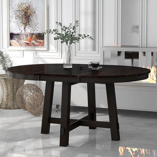 TREXM Farmhouse Round Extendable Dining Table with 16' Leaf Wood Kitchen Table (Espresso)