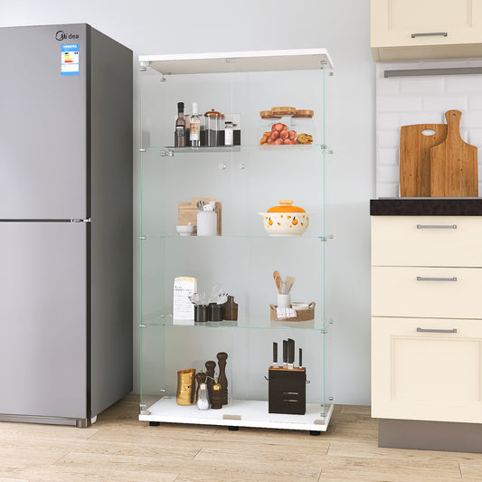 Two-door Glass Display Cabinet 4 Shelves with Door, Floor Standing Curio Bookshelf for Living Room Bedroom Office, 64.7'*31.7'*14.3', White