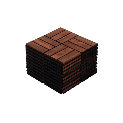 Acacia Wood Interlocking Deck Tiles Checker Pattern, 10PCS 12' x 12' Square Brown Acacia Hardwood Outdoor Flooring for Patio, Bancony, Pool Side,...