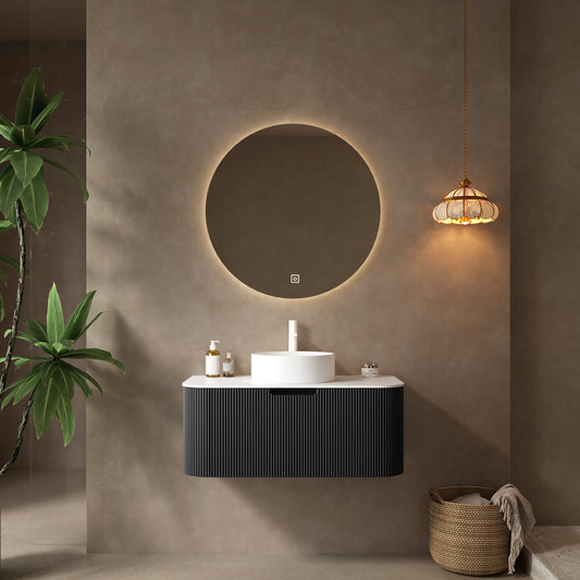 DINA 36' Bathroom Vanity with Sink, Modern Wall-Mounted Floating Curved Edges Striped Bathroom Storage Cabinet with a Drawer, White Round Ceramic Basin without Faucet, Pre-assembled, Black Color