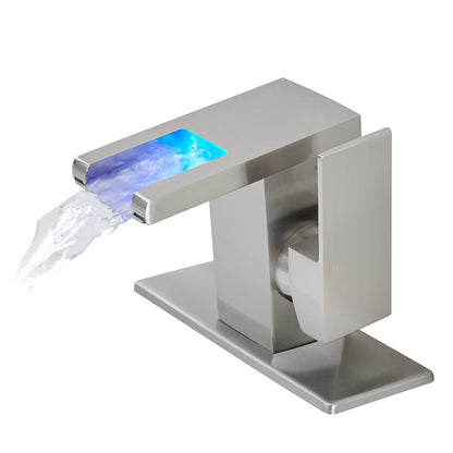 Bathroom Sink Faucet LED Light 3 Colors Changing Waterfall Glass Spout Hot Cold Water Mixer Single Handle One Hole Deck Mounted Bathroom Faucet