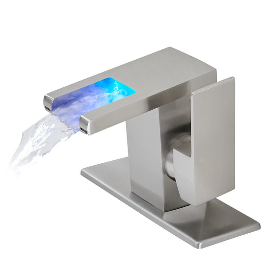 Bathroom Sink Faucet LED Light 3 Colors Changing Waterfall Glass Spout Hot Cold Water Mixer Single Handle One Hole Deck Mounted Bathroom Faucet