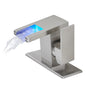 Bathroom Sink Faucet LED Light 3 Colors Changing Waterfall Glass Spout Hot Cold Water Mixer Single Handle One Hole Deck Mounted Bathroom Faucet